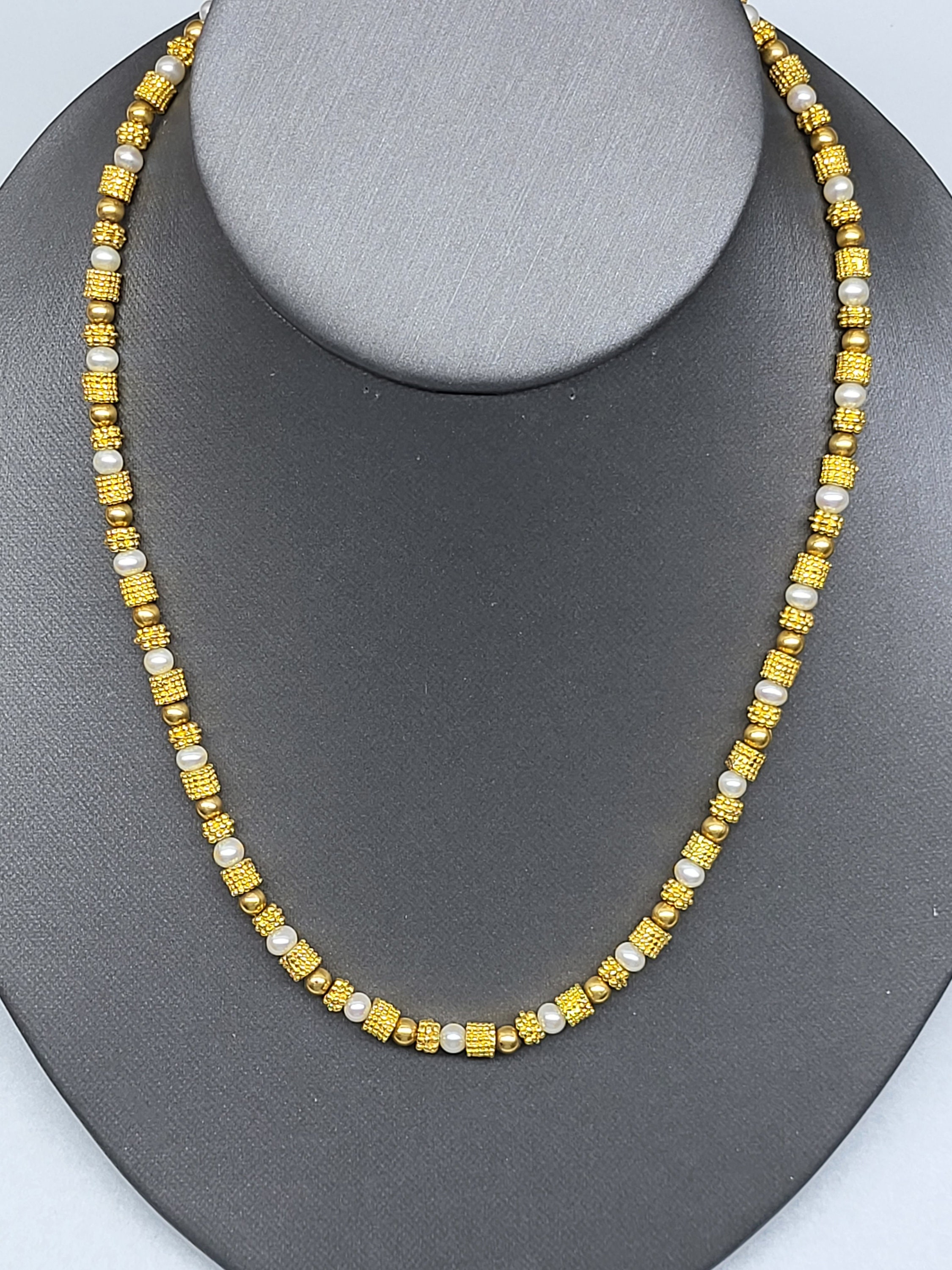 Vintage Pearl and Gold Tone Necklace, Gold Chunk and Fresh Water Pearl Beaded Necklace, 18" Gold and Pearl Necklace