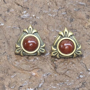 Vintage Monet Earrings, Monet Gold Tone Triangle Red Cabochon Earrings, Rare Monet Post Earrings, Monet Jewelry