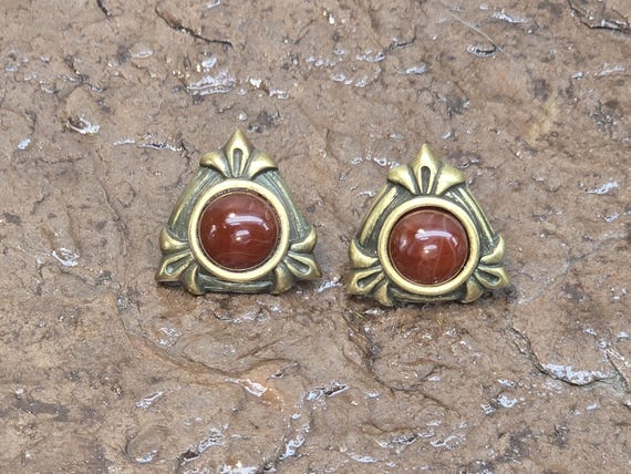 Vintage Monet Earrings, Monet Gold Tone Triangle Red Cabochon Earrings, Rare Monet Post Earrings, Monet Jewelry