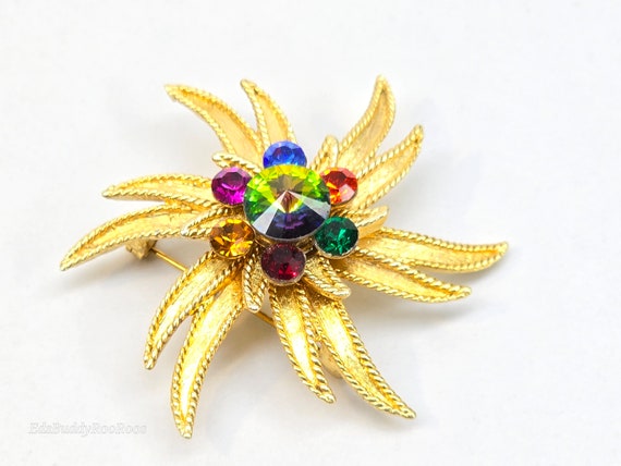 Vintage Rainbow Crystal Brooch. Gold Tone Flower … - image 6