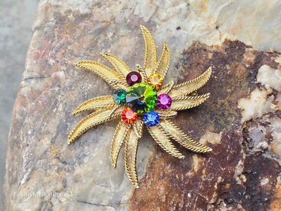 Vintage Rainbow Crystal Brooch. Gold Tone Flower … - image 3