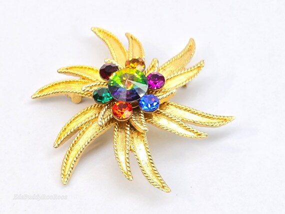 Vintage Rainbow Crystal Brooch. Gold Tone Flower … - image 8