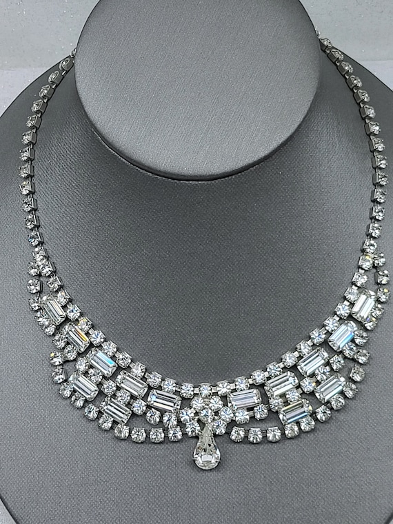 Vintage  Crystal Bib Necklace, Rare Crystal Baguet