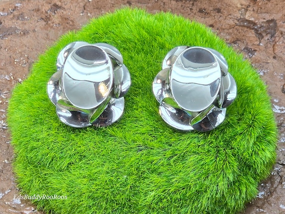 Vintage Kramer Earrings, Kramer Of New York Silver Tone Mirror Earrings, Silver Flower Earrings, Vintage Kramer Jewelry