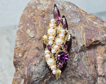 Vintage Crystal Brooch, Purple Gripox Crystal and Faux Pearl Brooch, Gold Tone Crystal Brooch, Vintage Unique Crystal Jewelry, Very Rare