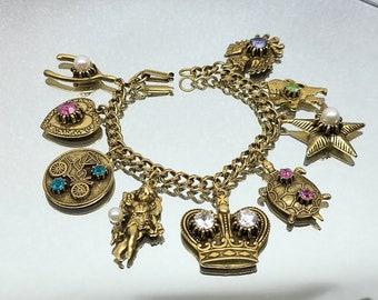 Rare Vintage Florenza Charm Bracelet, Heart, Crown, Star, Charms, Genuine Pearl and Semi Precious Stone, Crystal, 1960s Florenza Jewelry
