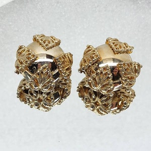 Vintage Earrings, Gold Tone Clip Earrings, Polished Gold Dome Earrings Dome and Filigree Flower Clip On Earrings