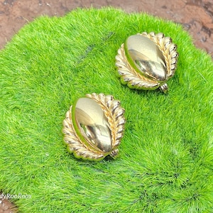 Vintage Yves Saint Laurent Earrings, YSL Gold Tone Feathered Dome Earrings, Mirrored Gold Tone Clip On Earrings, Yves Saint Laurent Jewelry