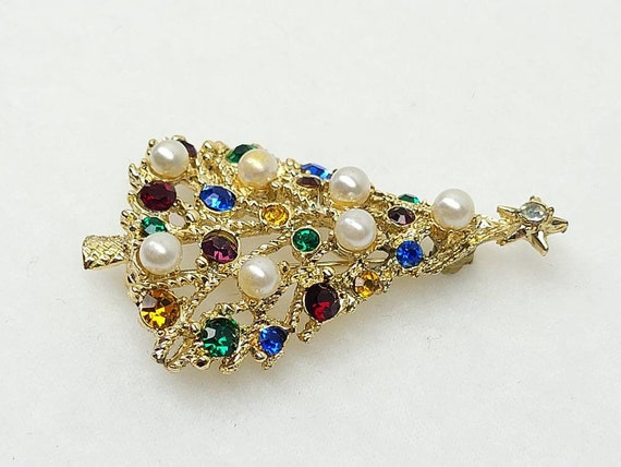 Vintage Christmas Tree Brooch Gold Tone Rainbow C… - image 4