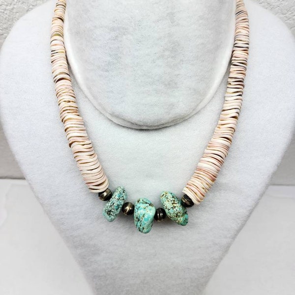 Vintage Navajo Turquoise Heishi Shell Necklace Sterling Silver Detailing 18"