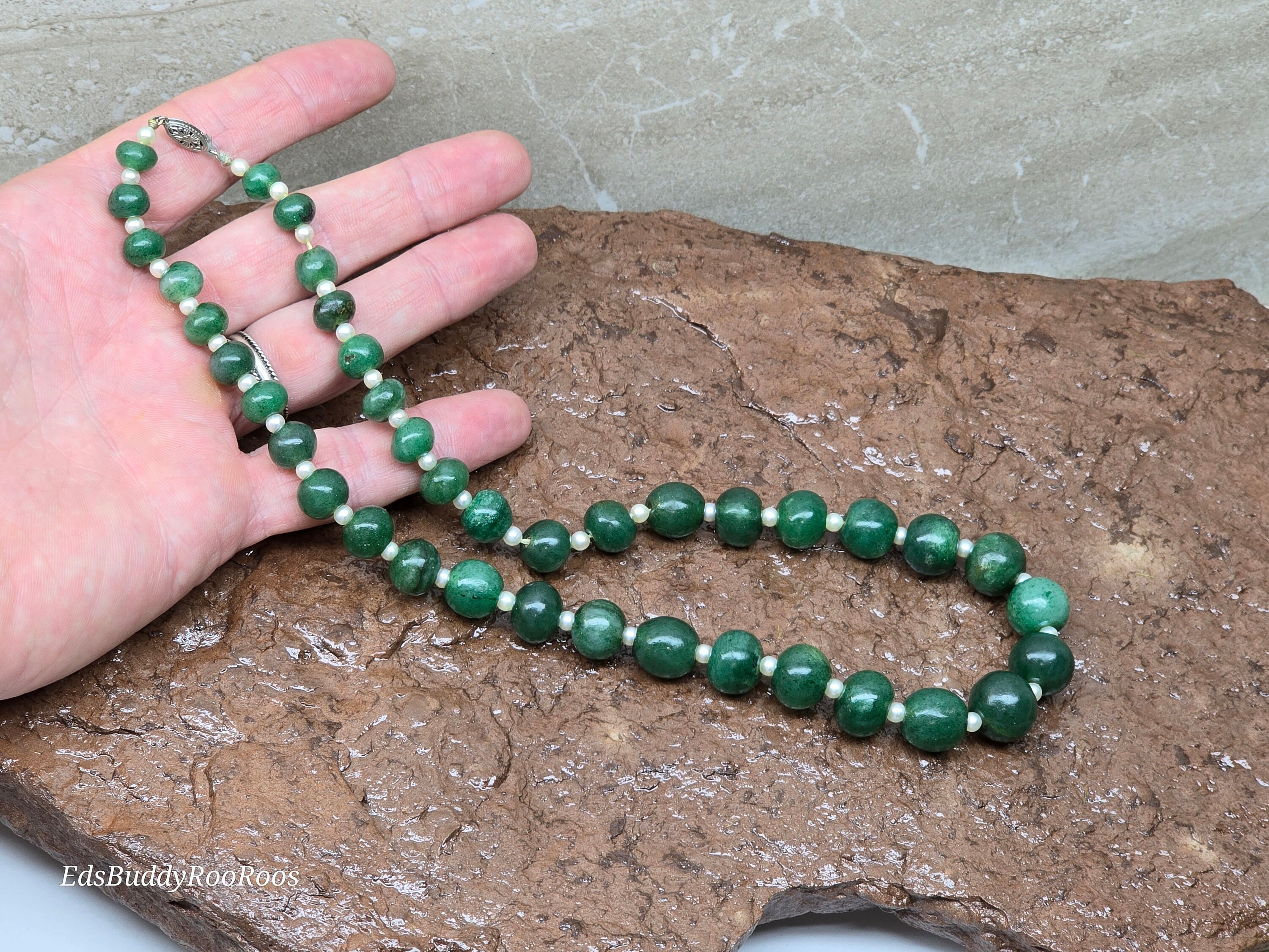 Collana Di Perline Di Giada Blu Naturale E Perle - Sfaccettata 18 Pollici