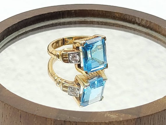 Antique 14k Gold Ring, Aquamarine and Diamond Rin… - image 1