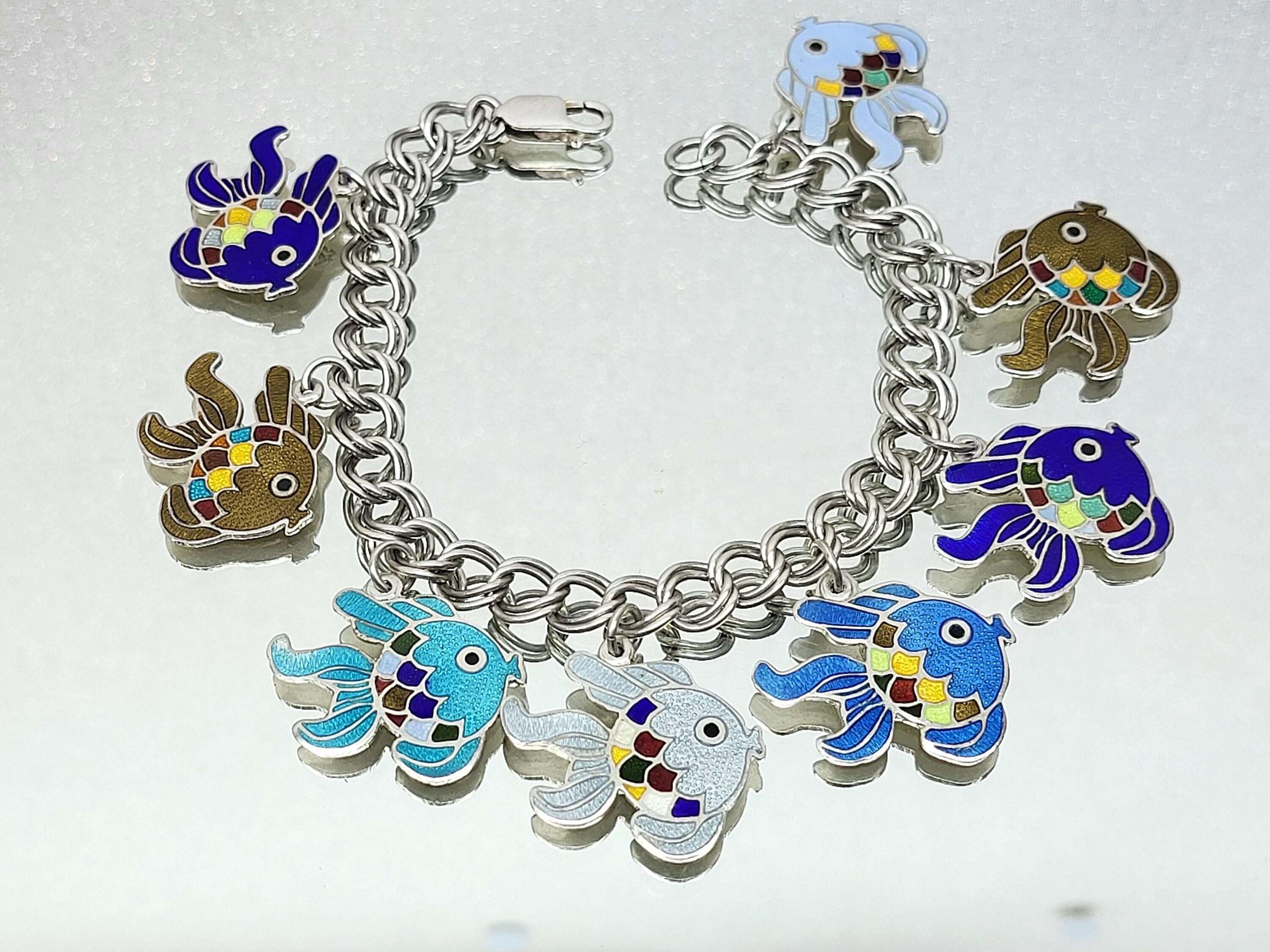 Very Rare Castelan Mexico Enameled Sterling Silver Bracelet, Enameled Sterling Fish Charm Bracelet 925 colorful Southwest Charm Bracelet 7.5