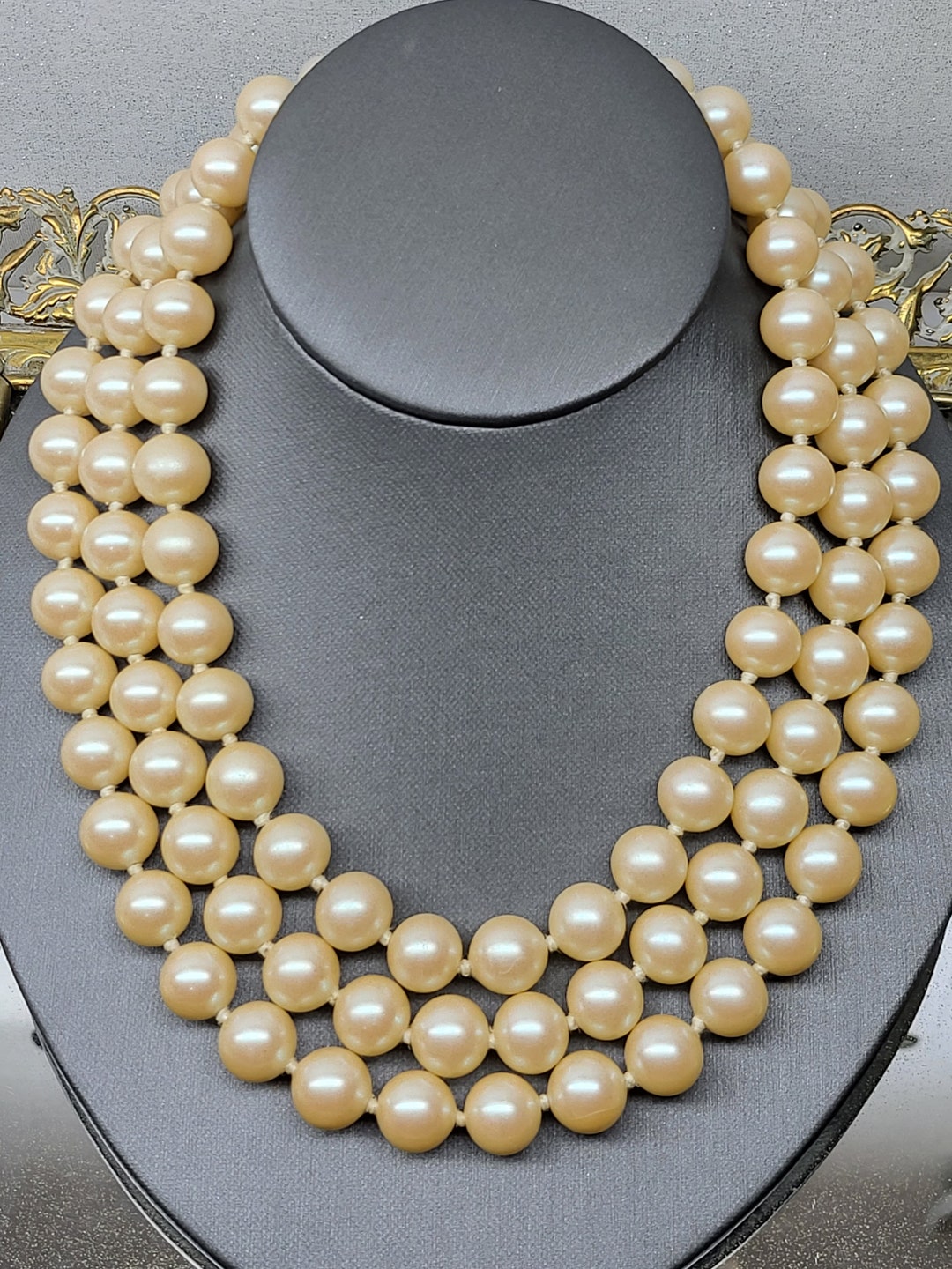 Vintage Monet 3 Strand Glass Pearl Necklace, Monet Large Faux