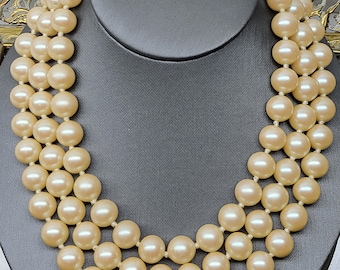 Vintage Monet 3 Strand Glass Pearl Necklace, Monet Large Faux Pearl Necklace, Knotted Glass Pearl Choker Necklace, Rare Monet Jewelry