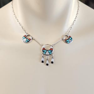 Vintage ZUNI Inlay Necklace, Zuni RL Sterling Silver Inlay Necklace, Turquoise Coral MOP Inlay Necklace, Vintage Southwest Jewelry