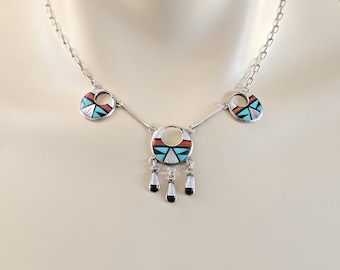 collier incrusté ZUNI vintage, collier incrusté d'argent sterling Zuni RL, collier incrusté de vadrouille corail turquoise, bijoux vintage du sud-ouest