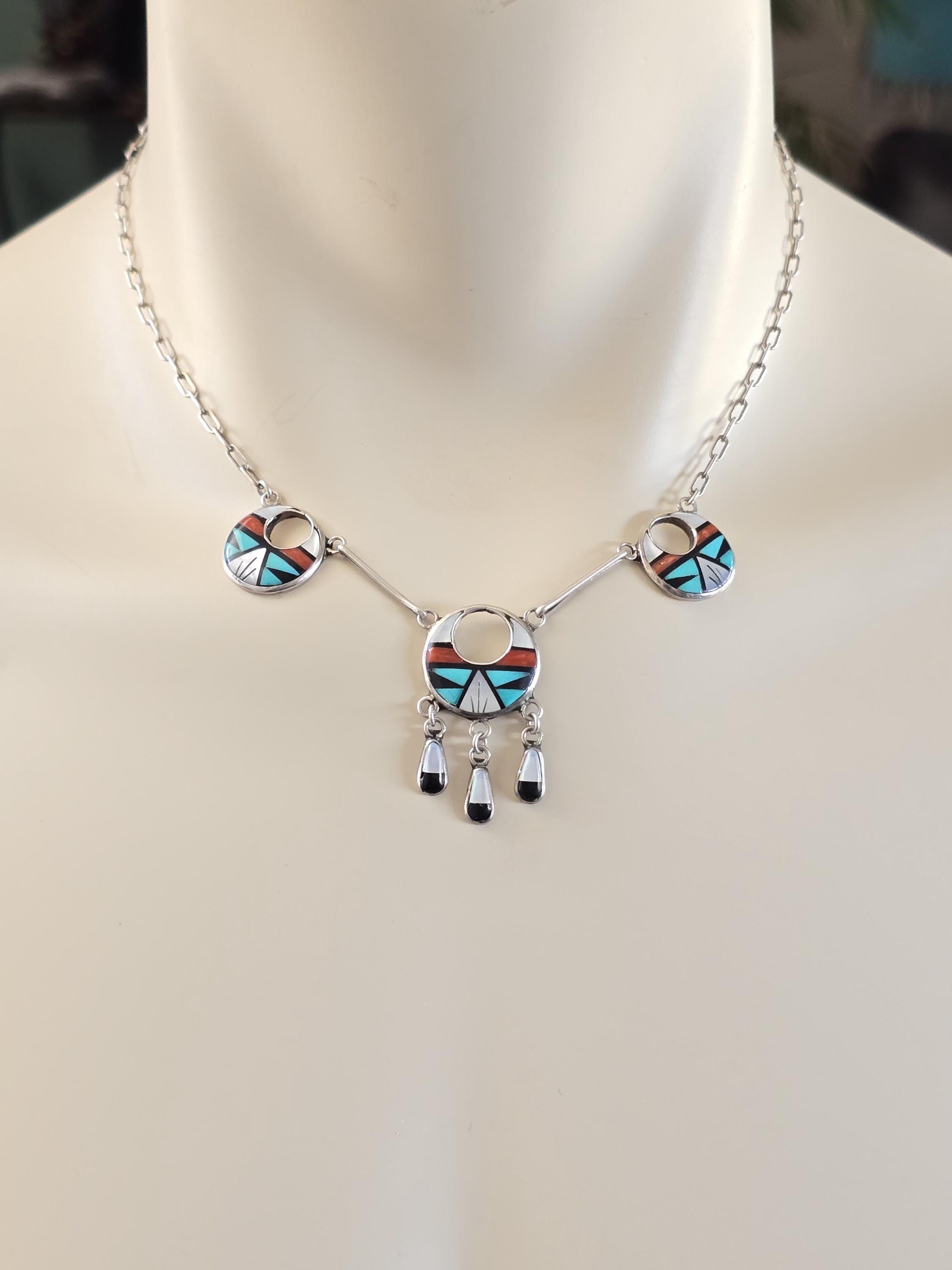 Vintage ZUNI Inlay Necklace, Zuni RL Sterling Silver Inlay