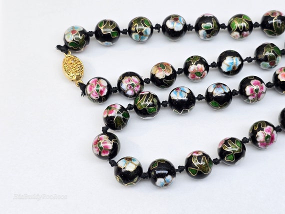 Vintage Cloisonne Necklace, Black Beaded Floral C… - image 5