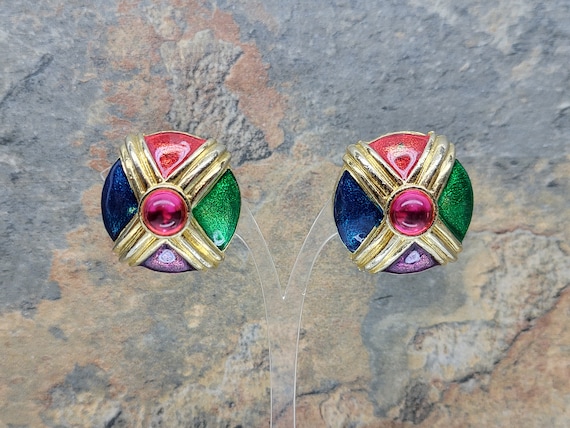 Clips D'oreilles Vintage - Dôme émaillé Et Strass - Occasion - Style Rétro Années 50