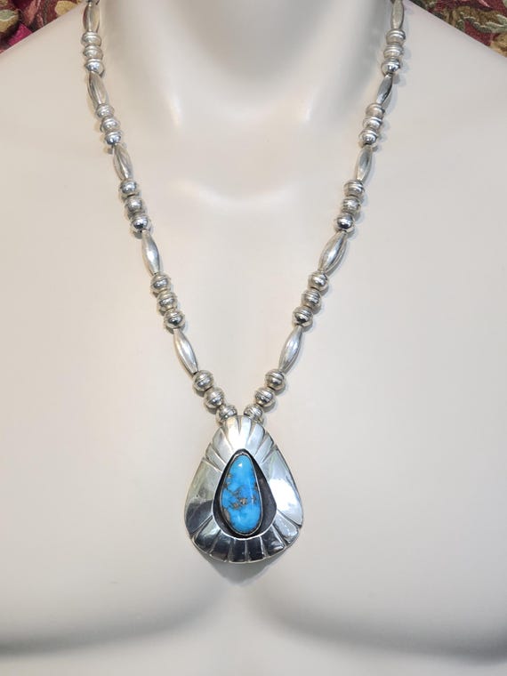 Vibrant Navajo Turquoise Teardrop Sterling Silver Necklace Native American Vibrant Navajo Turquoise Teardrop Sterling Silver Necklace Native American