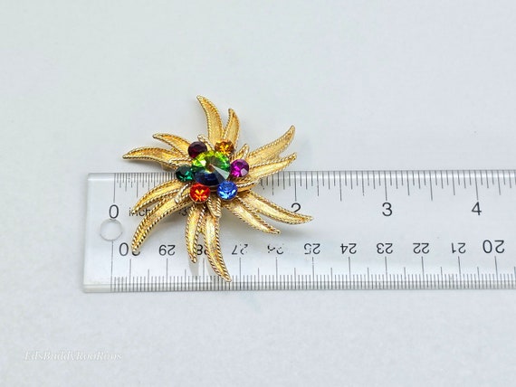 Vintage Rainbow Crystal Brooch. Gold Tone Flower … - image 10