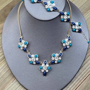 Vintage Avon Necklace and Bracelet Set Lot Silver Tone Vintage Avon Jewelry Crystal Blue Green Classic