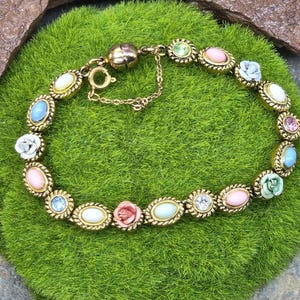 ヴィンテージローズブレスレット、ゴールドトーンのカラフルな