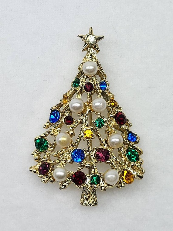 Vintage Christmas Tree Brooch Gold Tone Rainbow C… - image 1