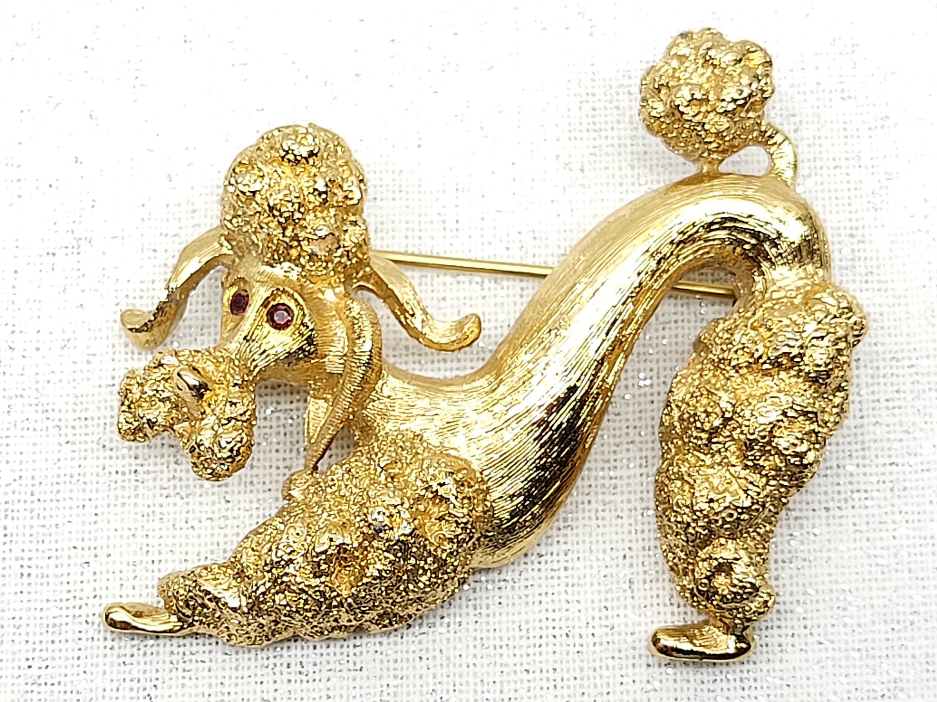 Broche Caniche Vintage Années 80 - Bijou Fantaisie Or Avec Yeux Cristaux - État Correct
