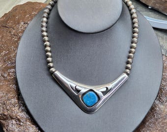 Vintage Turquoise and Silver Necklace, Vintage Navajo AB Necklace, Navajo Pearls Jewelry, Southwest Statement Necklace, Navajo Jewelry