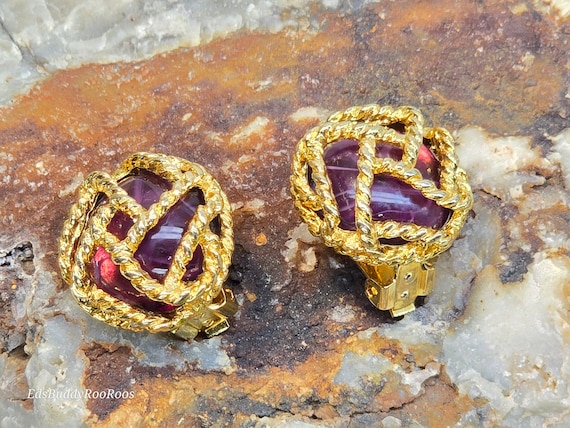 Vintage Paolo Gucci-oorbellen, paarse amethist cabochon, goudkleurige kooi  clipoorbellen, vintage Paolo Gucci-sieraden - Etsy Nederland
