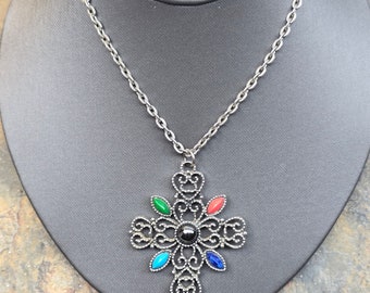 Avon Cross Necklace, Vintage Avon Silver Tone Filigree Cross Pendant Necklace, Vintage Avon Jewelry
