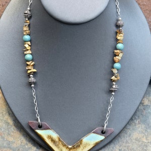 Vintage Artisan Chevron Necklace, Turquoise Stone and Pottery Necklace, Sterling Silver Statement Necklace, Vintage Necklace