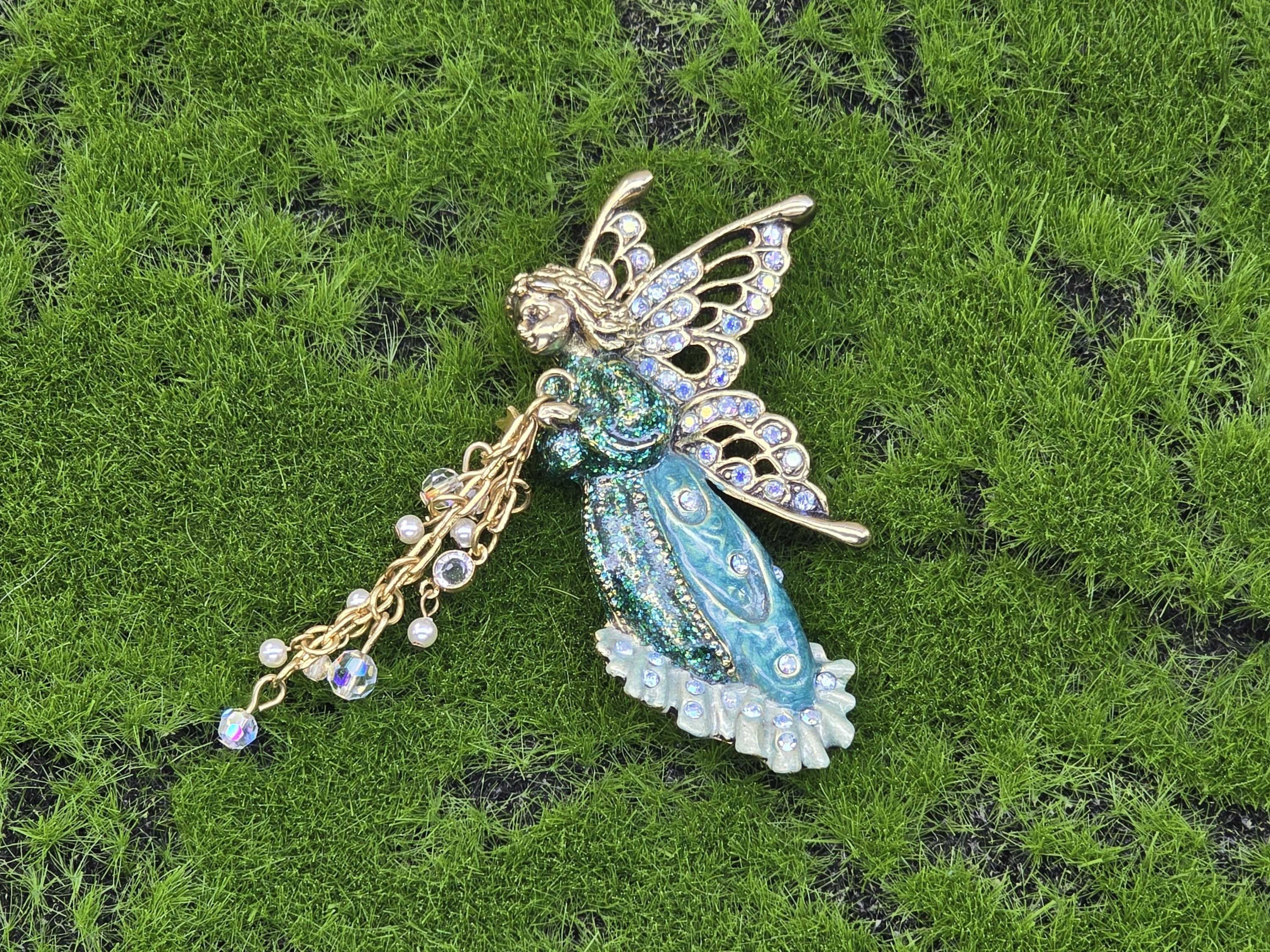 Vintage Kirks Folly Brooch, Kirks Folly Flying Fairy Brooch, Green