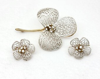 Rare Vintage Flower Brooch Clip Earring Set Silver Tone over Gold Tone White Crystal Blooming Floral Jewelry Set