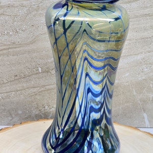 Vintage Blue Iridescent Art Glass Vase, Signed Glass Vase, Feather Pull Vase, Studio Glass Vase, Vintage Blue Vase