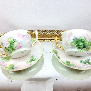 Antique T&V Limoges Tea Cup, Green, Tressemann And Vogt Double Handled Tea Cup Saucer Set, Clover FLowerTea For Two, Hand Painted Porcelain