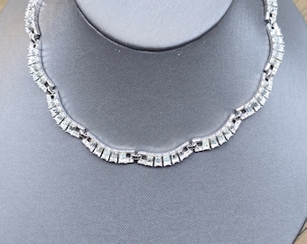 Vintage Trifari Necklace, Trifari Crystal Choker Necklace, Silver Tone With Clear Baguette Crystals Necklace, Rare Find Trifari Jewelry