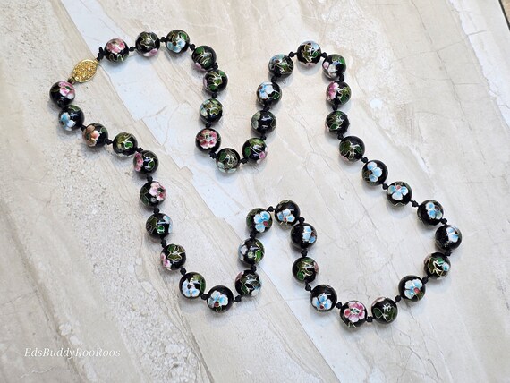 Vintage Cloisonne Necklace, Black Beaded Floral C… - image 4