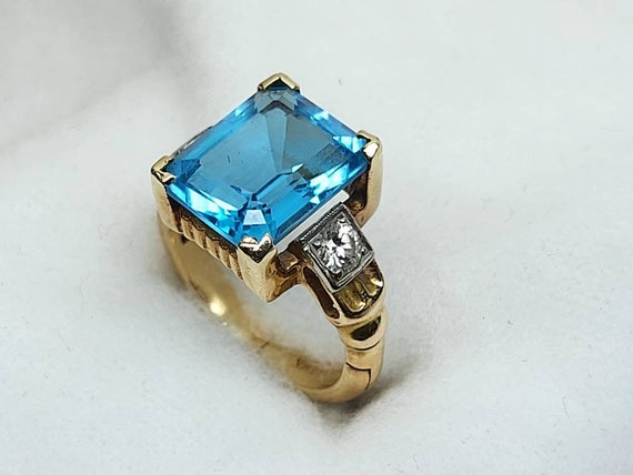 Antique 14k Gold Ring, Aquamarine and Diamond Rin… - image 5