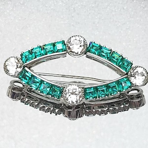 Vintage Aqua Crystal Brooch Silver Tone Emerald Cut Aqua Blue and White Crystal Quality Brooch Eye Shape Prong Set Crystal Brooch Rare Find