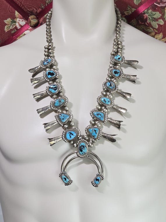 Betsoi Family Vintage Native American Navajo Turquoise Sterling Silver Squash Blossom Necklace Betsoi Family Vintage Native American Navajo Turquoise Sterling Silver Squash Blossom Necklace