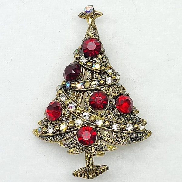 Vintage Hollycraft Jewelry Christmas Tree Brooch Pin Red Clear Crystal Gold Tone Holiday Pin