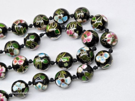 Vintage Cloisonne Necklace, Black Beaded Floral C… - image 7