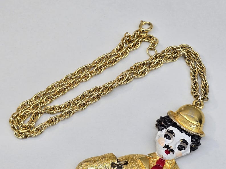 Vintage Charlie Chaplin Articulated Necklace Pendant, Gold Tone and