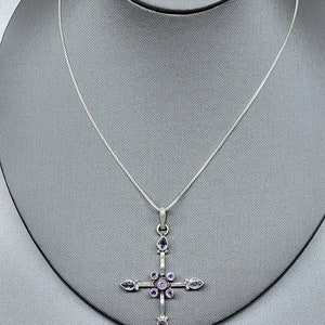 Vintage Sterling Silver Amethyst Cross Necklace, Faceted Amethyst SI925 Sterling Pendant, Southwest Sterling Silver Cross