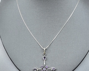 Collana vintage con croce in argento sterling e ametista, ciondolo in argento sterling SI925 con ametista sfaccettata, croce in argento sterling stile sud-ovest