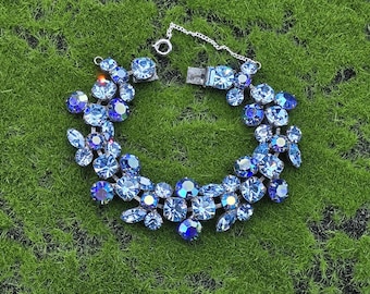 Pulsera vintage Regency con diamantes de imitación azules, cristales azules claros y oscuros poco comunes, joyería Regency