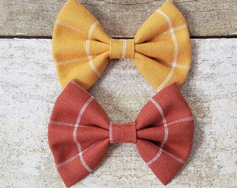 Fall hair bows | Fall linen hair bows | Linen hair bows | Yellow striped hair bow | Orange striped hair bow | Fall striped hair bows | Bows